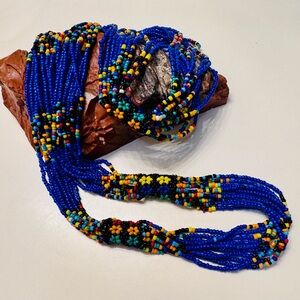 Plains Powwow 34” Ten Strand Torsade Necklace Czech Cobalt Seed Beads Stunning